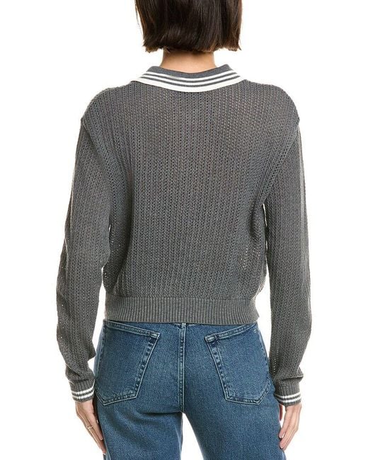 Femme Society Gray Pointelle Wool-Blend Polo Sweater