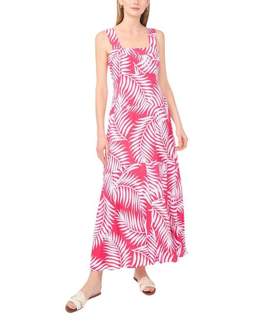 Vince Camuto Pink Tropical-print Smocked Back Tiered Sleeveless Maxi Dress