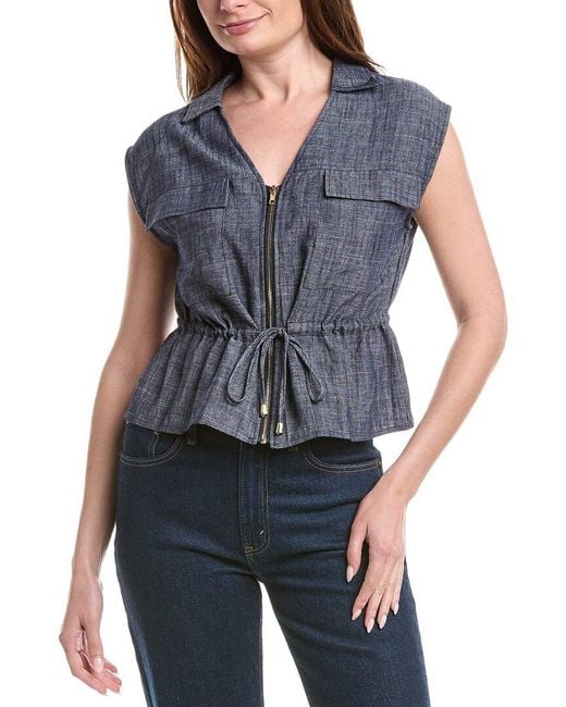 Ellen Tracy Blue Chambray Linen-Blend Top