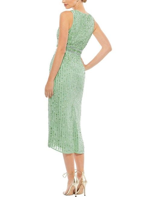 Mac Duggal Green Sequined Sleeveless V-Neck Midi Sheath Dress