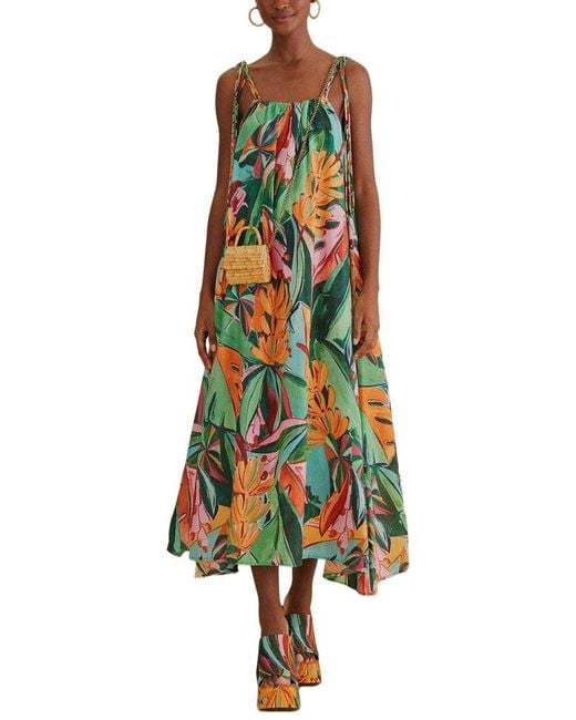 Farm Rio Green Banana Foliage Sleeveless Midi Dress