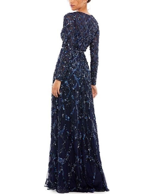 Mac Duggal Blue Embellished Illusion High Neck Long Sleeve A-Line Gown