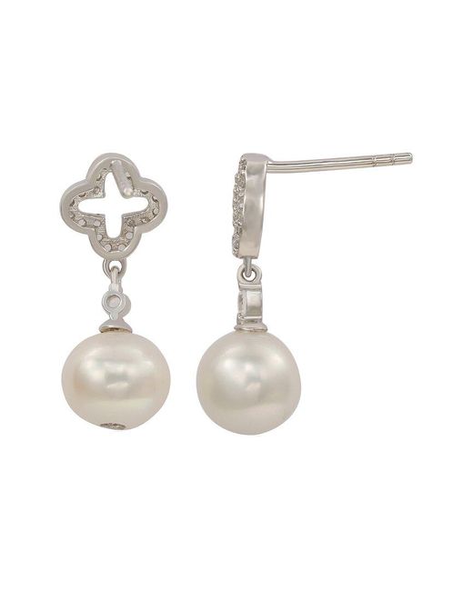 Suzy Levian White Created Sapphire & 8Mm Pearl Clover Dangle Earring