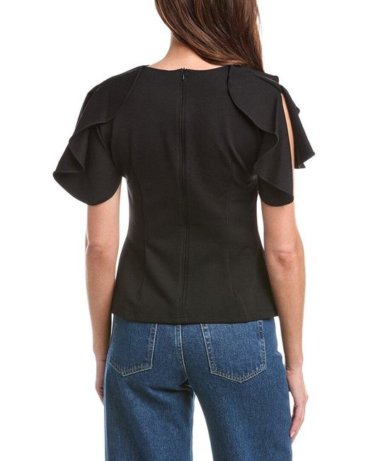 Gracia Black Ruffled Neck & Sleeve Brooch Detail Top