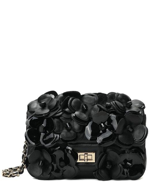 Tiffany & Fred Paris Black Full-grain Floral Leather Shoulder Bag