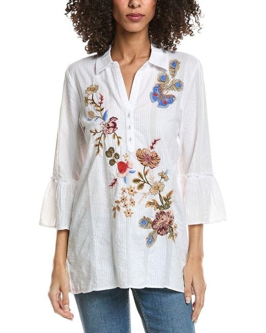Johnny Was White Ruffle Sleeve Henley Tunic Top
