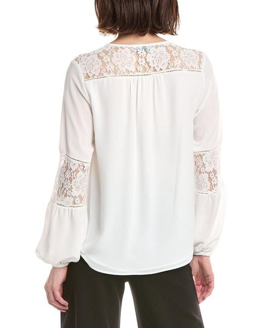 Tahari White Half Placket Lace Trim Blouse