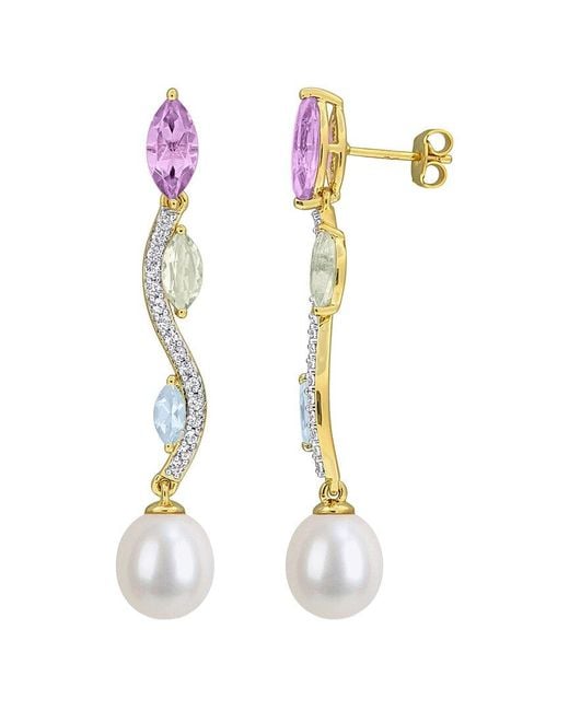 Rina Limor White Plated 4.56 Ct. Tw. Gemstone & 9-9.5Mm Pearl Earrings