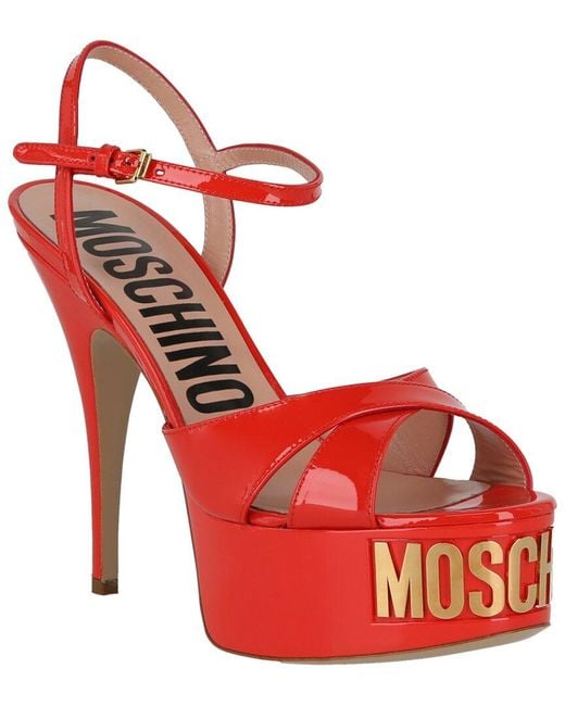 Moschino Red Logo Plaque Leather Platform Sandal