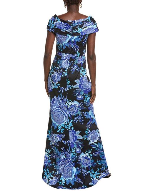 Tadashi Shoji Blue Leticia Floral Waterfall Flounce Gown