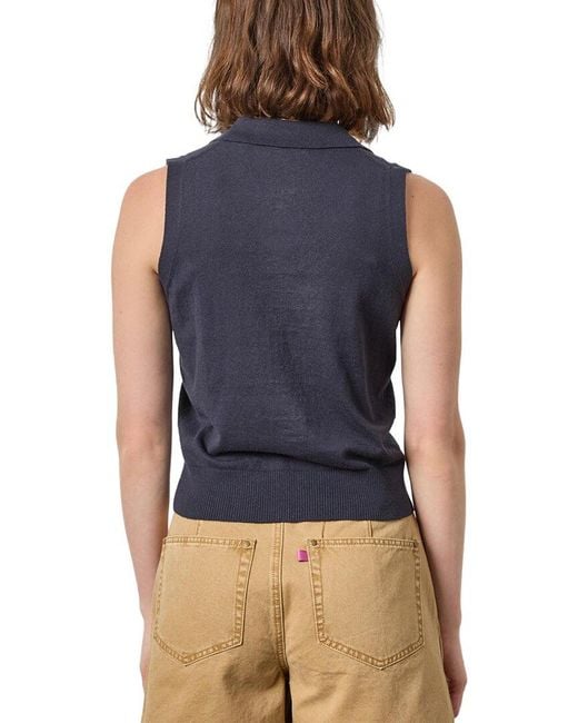 Lilla P Blue Sleeveless Linen-Blend Polo Sweater