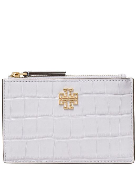 Tory Burch Gray Britten Embossed Zip Leather Card Case