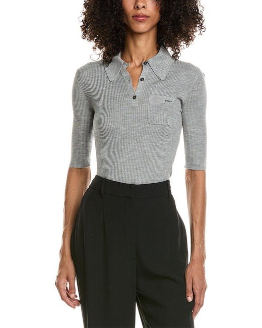 Prada Gray Ribbed Wool & Silk-Blend Polo Shirt