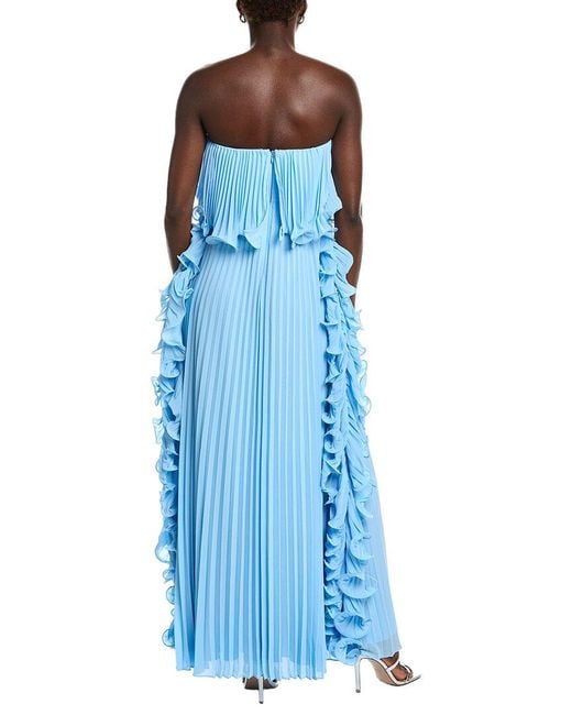 Badgley Mischka Blue Octo Ruffle Pleated Gown