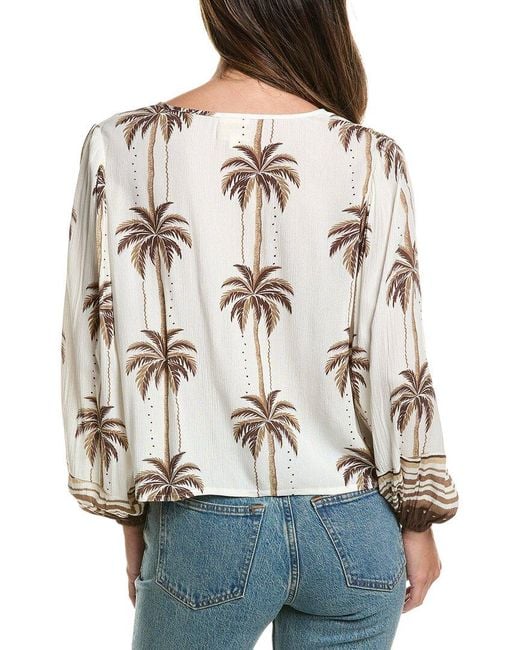 Surf Gypsy Natural Printed Balloon Sleeve Tie Front Top