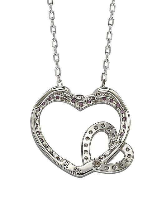 Suzy Levian White Silver 0.02 Ct. Tw. Diamond & Sapphire Double Heart Pendant Necklace