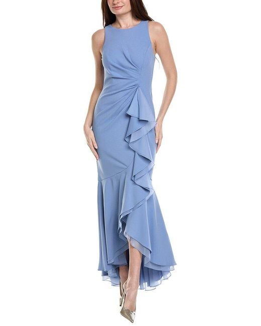Adrianna Papell Blue High-Low Crepe Halter Gown