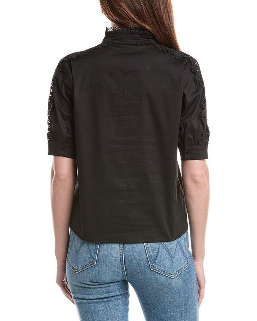 Tahari Black Mandarin Collar Button Down Blouse