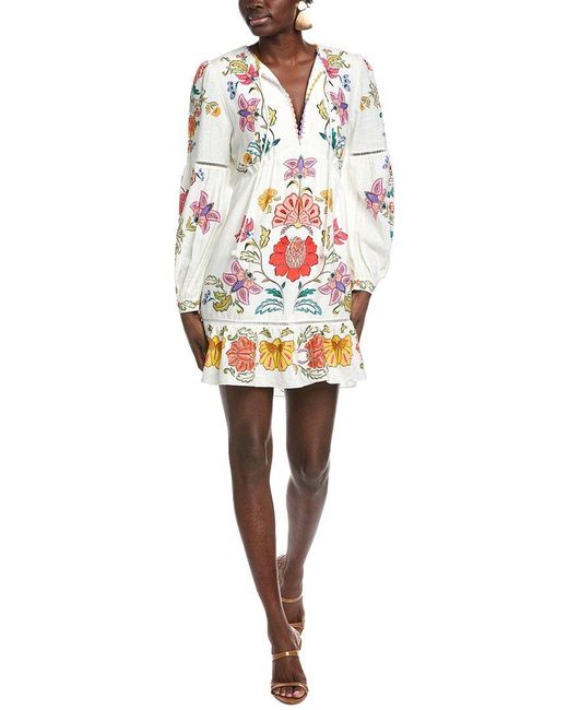 Farm Rio White Floral Insects Off Linen-Blend Mini Dress