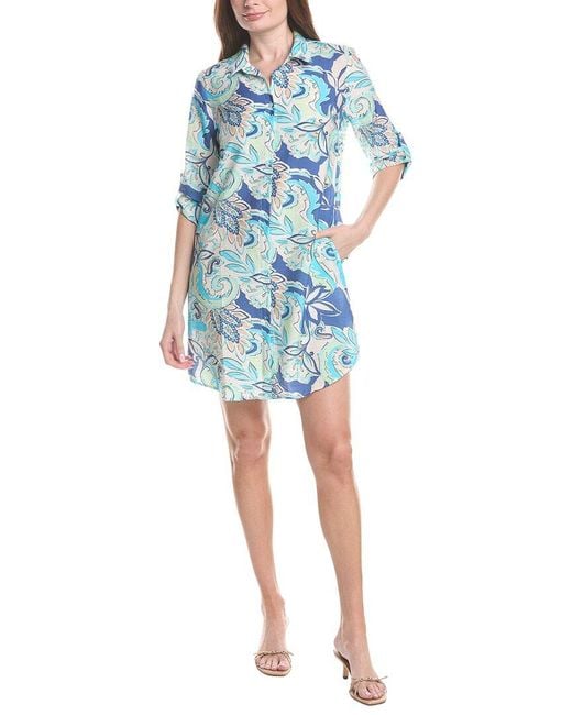 Renuar Blue Woven Button Front Mini Dress