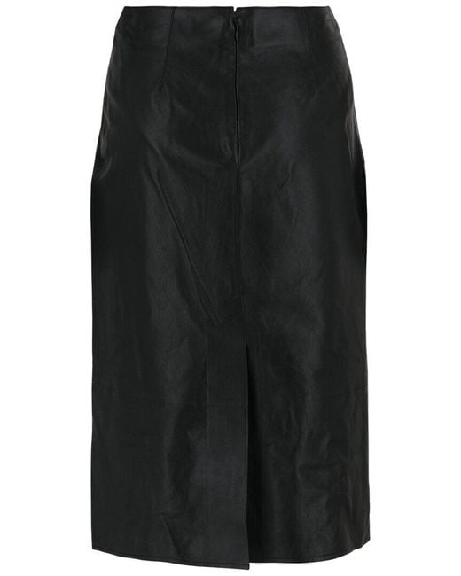 Ferragamo Black Pleated-Front Leather Midi Skirt