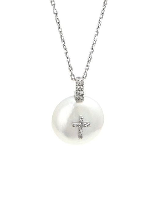 Gemstones White 0.07 Ct. Tw. Diamond 8-9Mm Pearl Cross Necklace