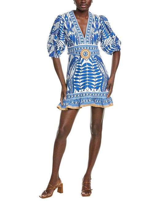 Farm Rio Blue Linen Lace Nature Mini Dress