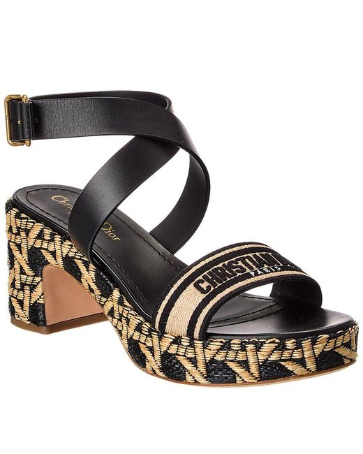 Dior Black Dway Straw & Leather Platform Sandal