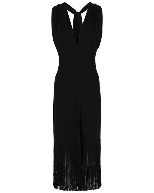 Ferragamo Black Plunging Sleeveless Fringe-Hem Midi Dress
