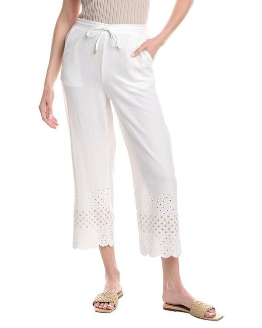 Ellen Tracy White Pull On Cropped Linen-Blend Pant