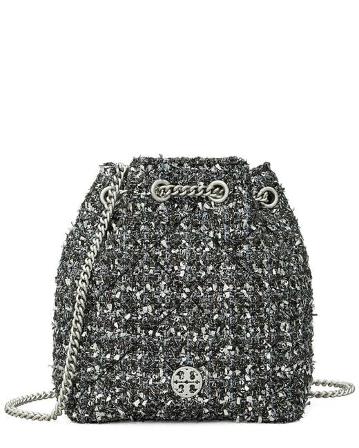 Tory Burch Gray Willa Metallic Tweed Small Drawstring Crossbody