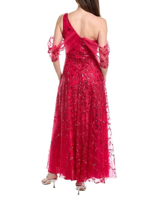 Rene Ruiz Red Off-The-Shoulder Sequin Tulle Wrap A-Line Gown