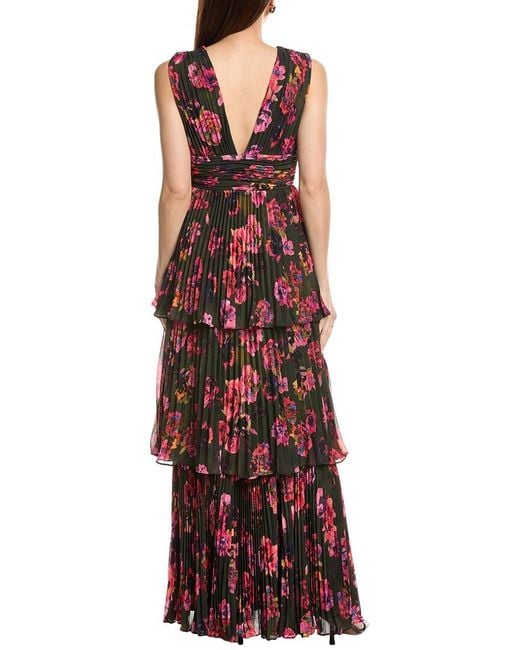 AMUR Red Fluer Deep V Pleated Gown