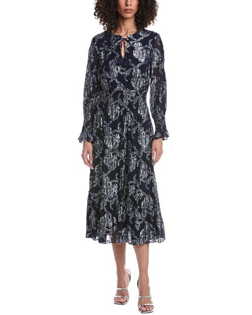 Sail To Sable Blue Long Sleeve Smocked Waist Midi