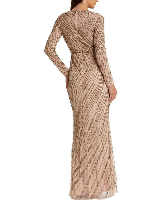 Mac Duggal Natural Long Sleeve Beaded Column Gown