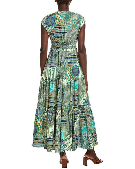 Gracia Green Printed V Neck Cap Sleeve Tiered Maxi Dress