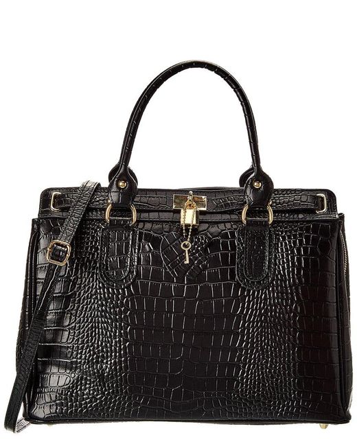 Italian Leather Black Croc-Embossed Top Handle Tote