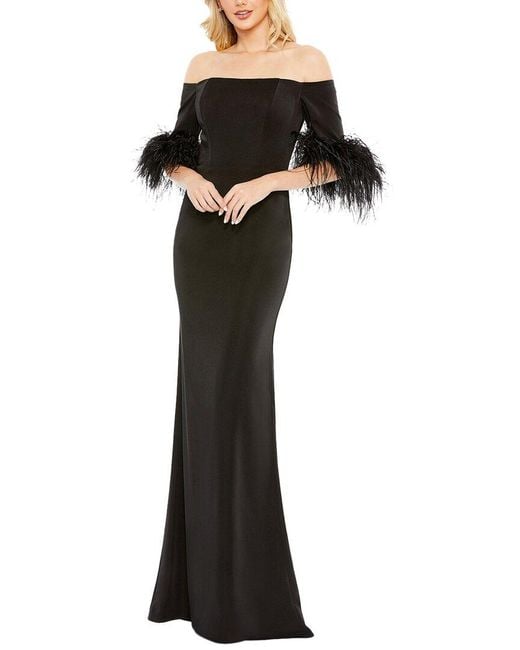 Mac Duggal Black Feather Trim Off The Shoulder Column Gown