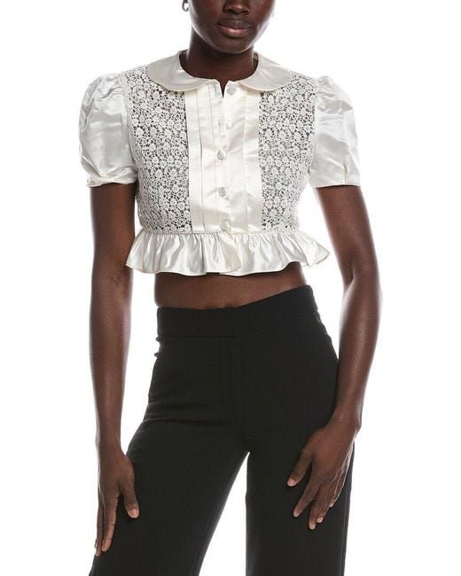 Miu Miu White Cropped Ruffled Duchesse Silk Satin & Lace Top