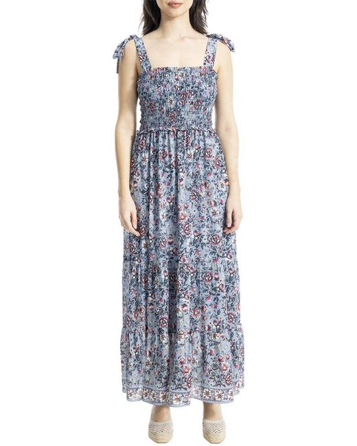 Max Studio Blue Self Tie Smocked Bodice Maxi Dress