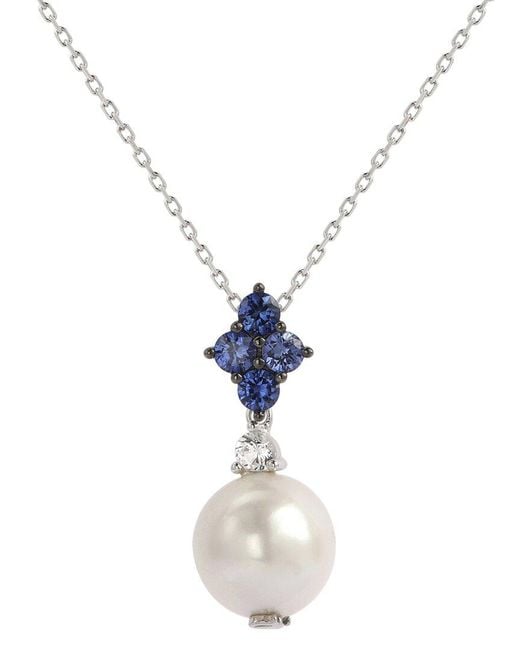 Suzy Levian White Sapphire Pearl Cluster Pendant Necklace