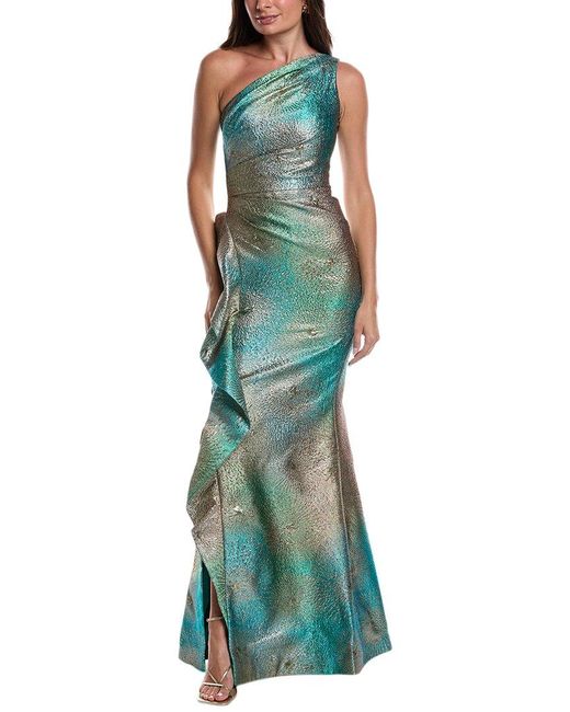 sage green dress wedding Teri Jon Floral Jacquard Off the Shoulder Gown 217048