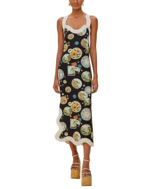 Farm Rio Green Linen Trip Souvenir Wave Cropped Sleeveless Maxi Dress