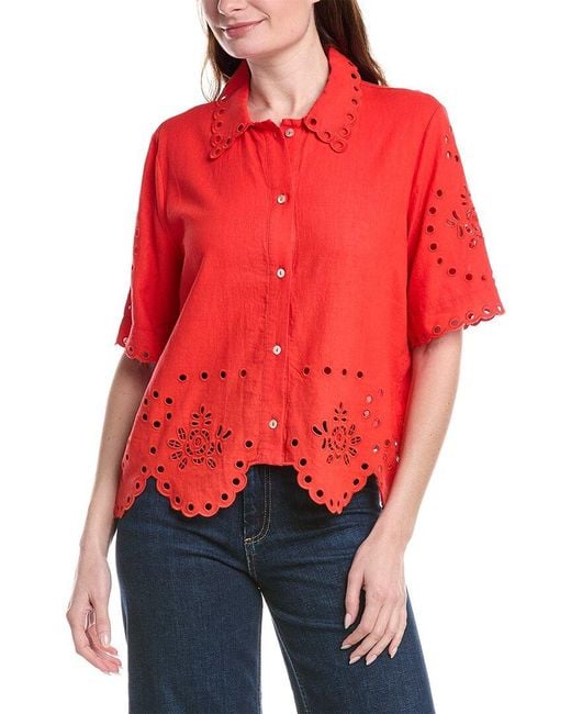 Philosophy Red Scallop Hem Button Front Linen-Blend Top