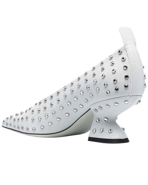 Ferragamo White Rhinestone F-Heel Leather Pump