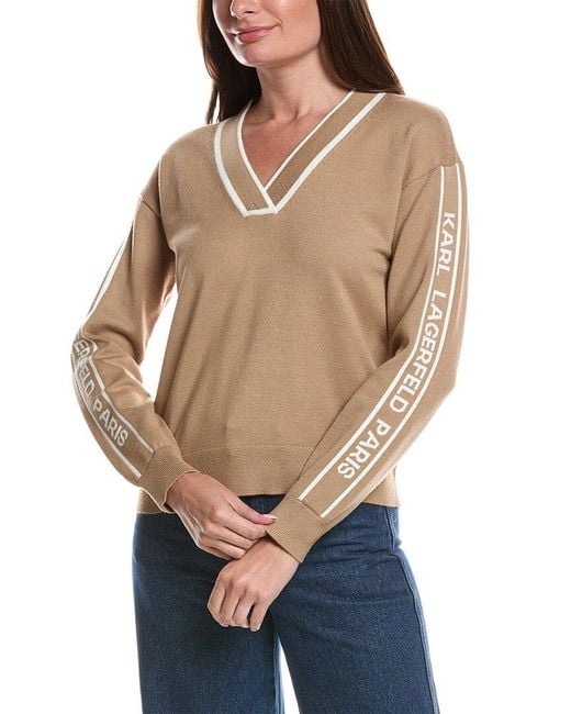 Karl Lagerfeld Natural V-Neck Logo Top