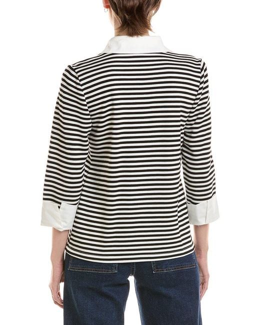 Jones New York White Petite Poplin Trim Twofer Stripe Top