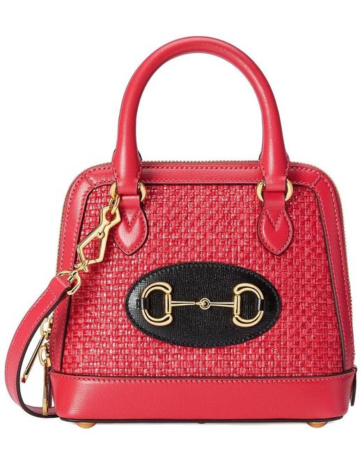 Gucci Red Horsebit 1955 Top Handle Bag Raffia & Leather Mini Shoulder Bag