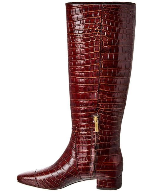 Veronica Beard Red Cecile Croc-Embossed Leather Knee-High Boot