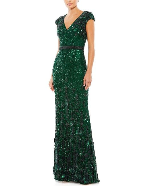 Mac Duggal Green Embellished V-Neck Cap Sleeve Sequin Gown
